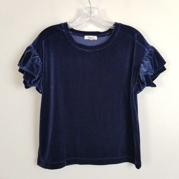 Madewell Tops - Madewell Velvet Top Short Ruffle Sleeve Size XS Blue